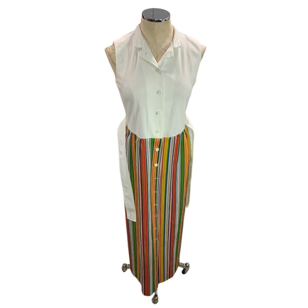 Size 10 Vintage Rainbow Stripe Maxi Dress White Sleeveless Button Front